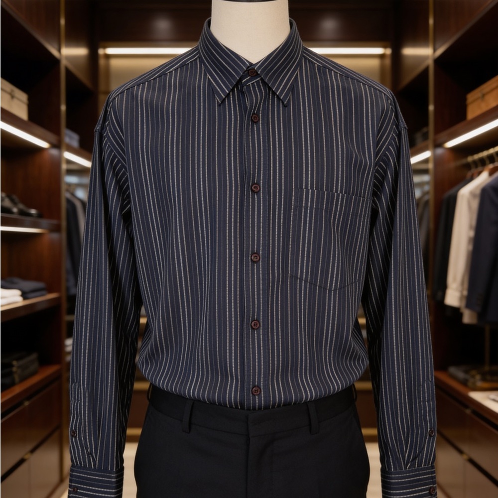 Bugatchi Uomo Men's Blue Cotton Striped Long Sleeve Shirt French Cuffs